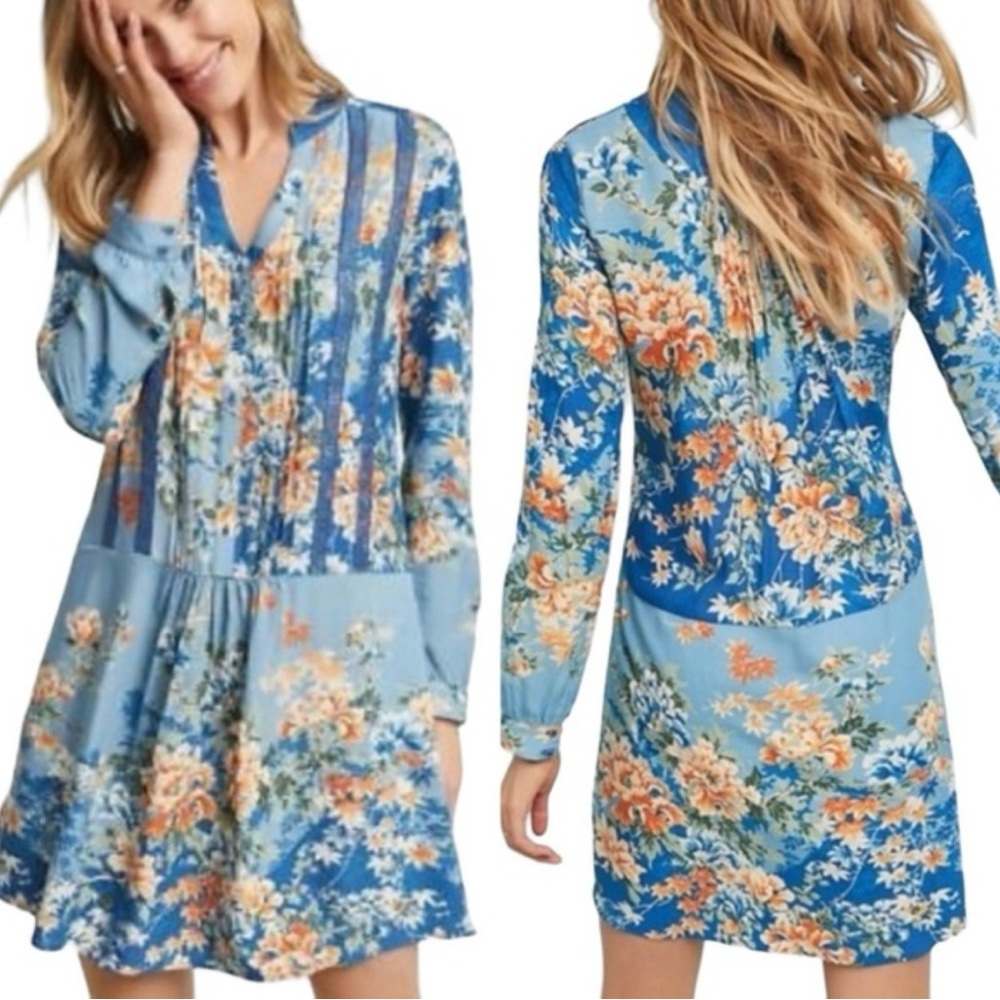 Anthropologie ‘Tiny’ Blue Gaina Floral Long Sleeve Mini Dress